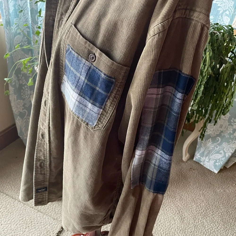 Boho retro upcycled plaid floral graphic patchwork corduroy Dockers button down - Picture 4 of 16